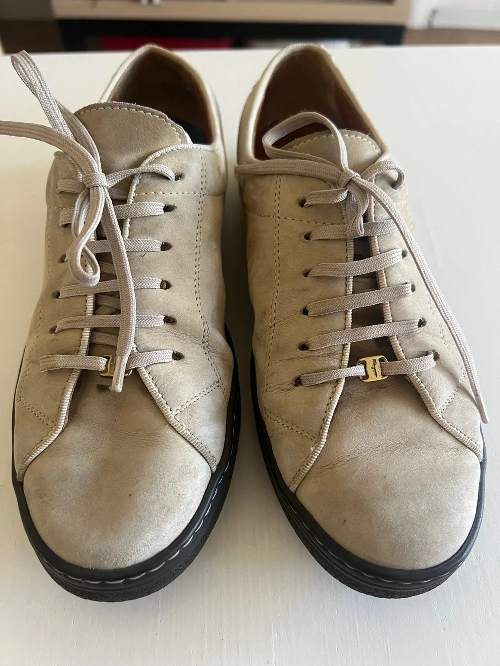 Salvatore Ferragamo Taupe Suede Sneakers with Gold Logo Accent